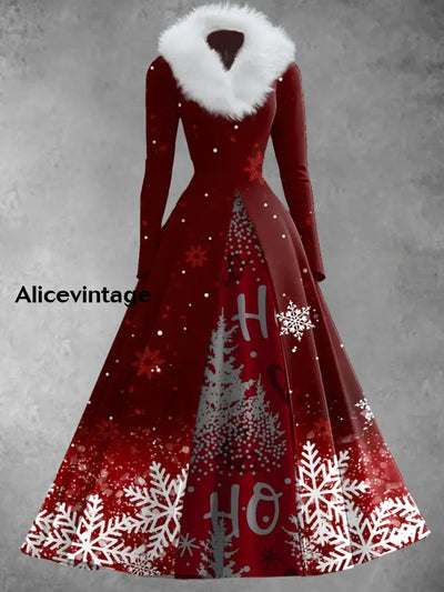 Christmas Snowflake Art Print Vintage Elegant V-Neck Fur Collar Long Sleeve Midi Dress A / S