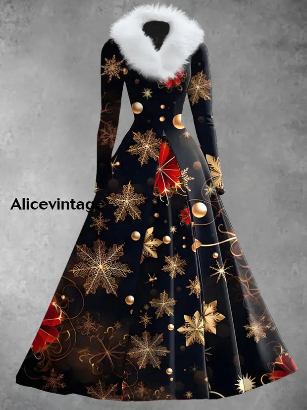 Women’s Vintage Christmas Art Print V-Neck Fur Long Sleeve 50S Elegant Slim Fit Midi Dress A / S