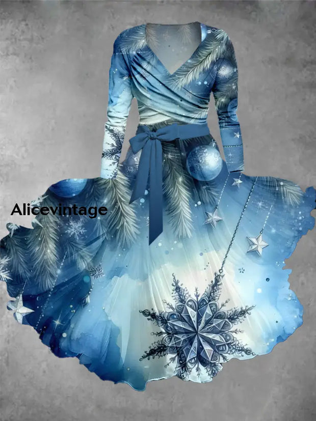 Christmas Snowflake Art Print Vintage Elegant V-Neck Long Sleeve Two Piece Midi Dress A / S