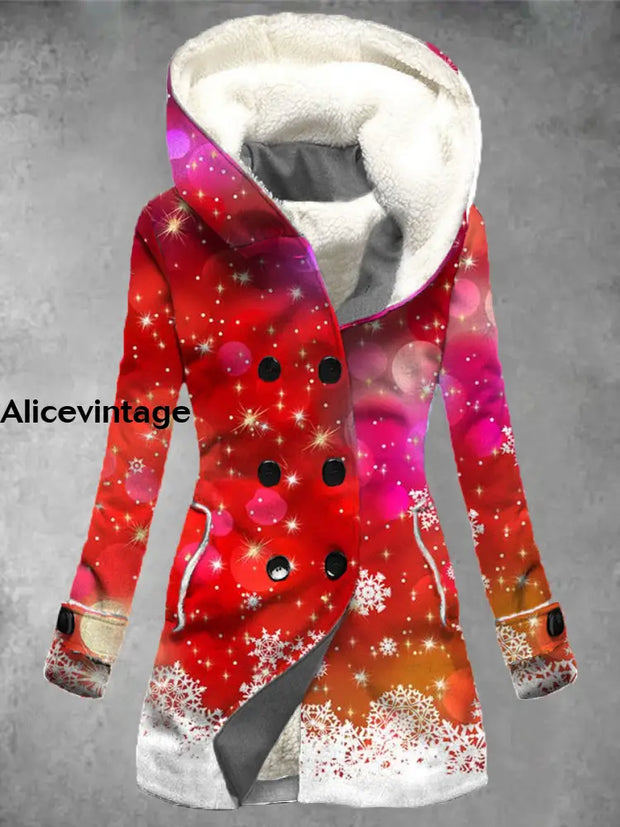 Christmas Snowflake Art Print Vintage Long Sleeve Button Jacket Coat A / S