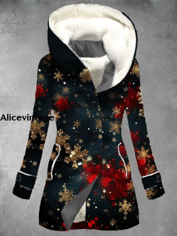 Christmas Snowflake Art Print Vintage Long Sleeve Button Jacket Coat A / S