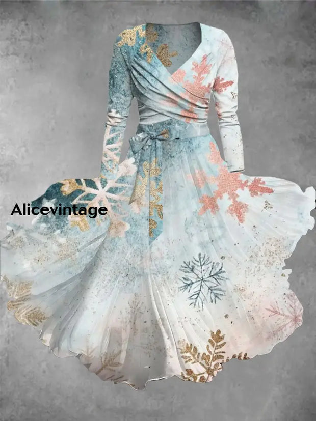 Christmas Snowflake Art Print Vintage Long Sleeve Two-Piece Midi Dress A / S