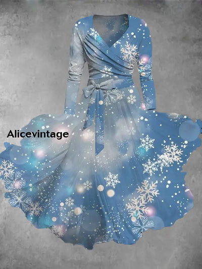 Christmas Snowflake Art Print Vintage Long Sleeve Two-Piece Midi Dress A / S