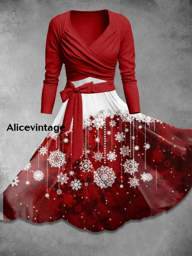 Christmas Snowflake Art Print Vintage Long Sleeve Two-Piece Midi Dress A / S