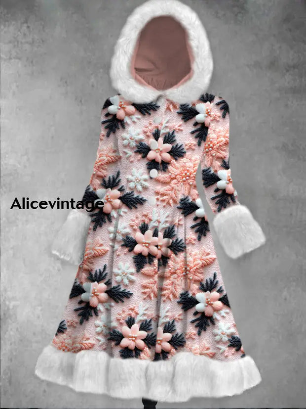 Christmas Snowflake Art Printed Elegance Furry Cuff Thick Long-Sleeved Fur Hooded Coat Midi Dress