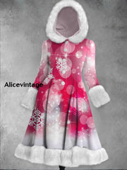 Christmas Snowflake Art Printed Elegance Furry Cuff Thick Long-Sleeved Fur Hooded Coat Midi Dress