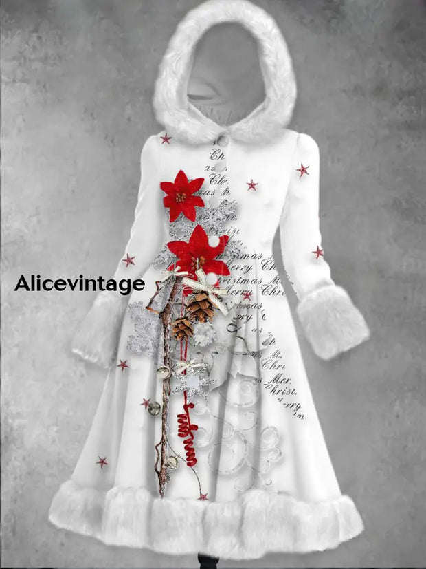 Christmas Snowflake Art Printed Elegance Furry Cuff Thick Long-Sleeved Fur Hooded Coat Midi Dress