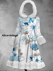 Christmas Snowflake Art Printed Elegance Furry Cuff Thick Long-Sleeved Fur Hooded Coat Midi Dress