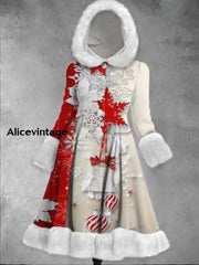 Christmas Snowflake Art Printed Elegance Furry Cuff Thick Long-Sleeved Fur Hooded Coat Midi Dress