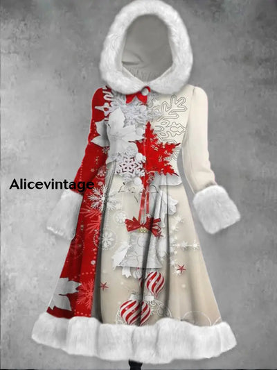 Christmas Snowflake Art Printed Elegance Furry Cuff Thick Long-Sleeved Fur Hooded Coat Midi Dress