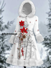 Christmas Snowflake Art Printed Elegance Furry Cuff Thick Long-Sleeved Fur Hooded Coat Midi Dress A