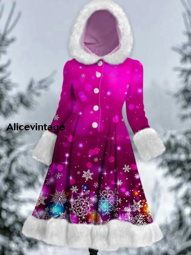 Christmas Snowflake Art Printed Elegance Furry Cuff Thick Long-Sleeved Fur Hooded Coat Midi Dress A