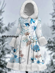 Christmas Snowflake Art Printed Elegance Furry Cuff Thick Long-Sleeved Fur Hooded Coat Midi Dress A