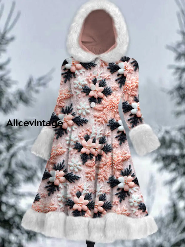 Christmas Snowflake Art Printed Elegance Furry Cuff Thick Long-Sleeved Fur Hooded Coat Midi Dress A