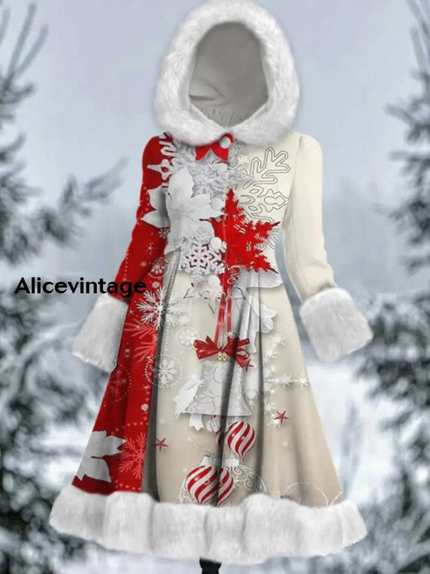 Christmas Snowflake Art Printed Elegance Furry Cuff Thick Long-Sleeved Fur Hooded Coat Midi Dress A