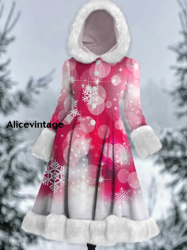 Christmas Snowflake Art Printed Elegance Furry Cuff Thick Long-Sleeved Fur Hooded Coat Midi Dress A