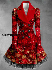 Christmas Snowflake Art Printed Elegant Lapel V-Neck Button Up Thick Long-Sleeved Mesh Gauze Midi