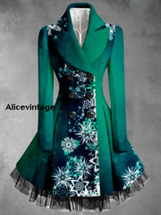 Christmas Snowflake Art Printed Elegant Lapel V-Neck Button Up Thick Long-Sleeved Mesh Gauze Midi