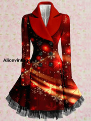 Christmas Snowflake Art Printed Elegant Lapel V-Neck Button Up Thick Long-Sleeved Mesh Gauze Midi