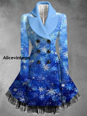 Christmas Snowflake Art Printed Elegant Lapel V-Neck Button Up Thick Long-Sleeved Mesh Gauze Midi