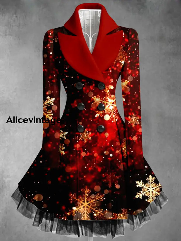 Christmas Snowflake Art Printed Elegant Lapel V-Neck Button Up Thick Long-Sleeved Mesh Gauze Midi