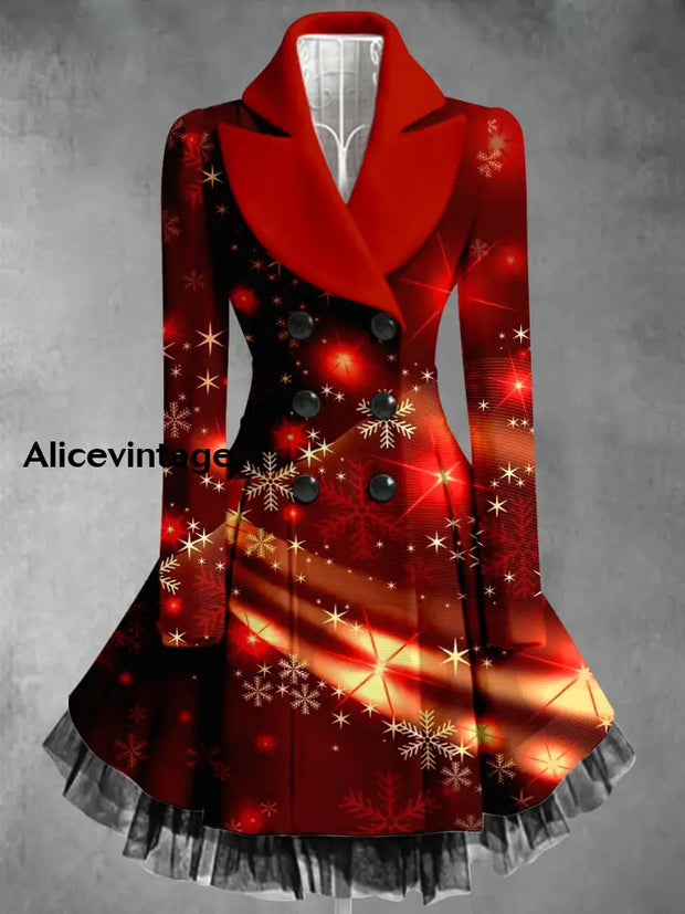 Christmas Snowflake Art Printed Elegant Lapel V-Neck Button Up Thick Long-Sleeved Mesh Gauze Midi