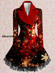 Christmas Snowflake Art Printed Elegant Lapel V-Neck Button Up Thick Long-Sleeved Mesh Gauze Midi