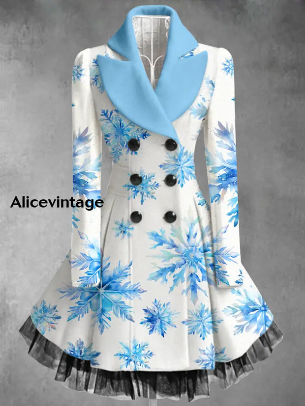 Christmas Snowflake Art Printed Elegant Lapel V-Neck Button Up Thick Long-Sleeved Mesh Gauze Midi