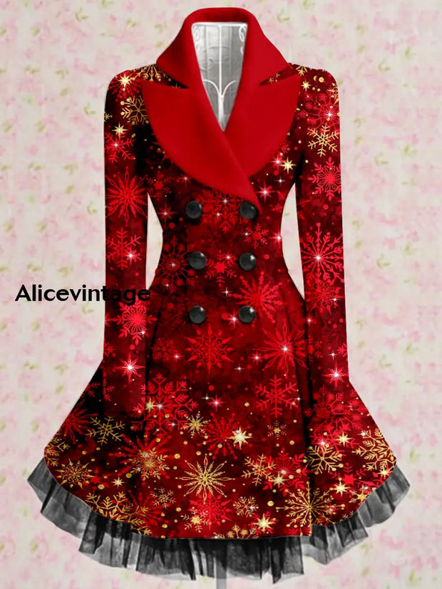 Christmas Snowflake Art Printed Elegant Lapel V-Neck Button Up Thick Long-Sleeved Mesh Gauze Midi