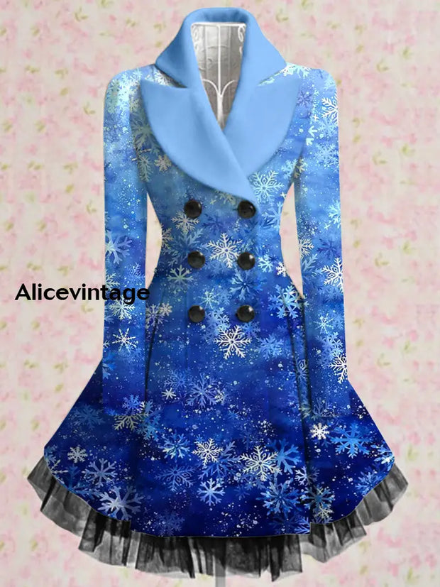 Christmas Snowflake Art Printed Elegant Lapel V-Neck Button Up Thick Long-Sleeved Mesh Gauze Midi