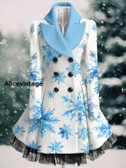 Christmas Snowflake Art Printed Elegant Lapel V-Neck Button Up Thick Long-Sleeved Mesh Gauze Midi