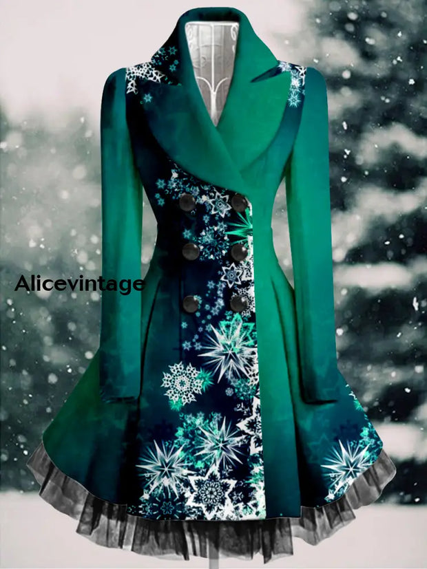 Christmas Snowflake Art Printed Elegant Lapel V-Neck Button Up Thick Long-Sleeved Mesh Gauze Midi