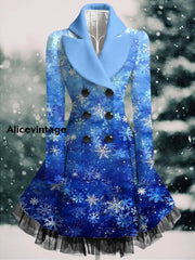 Christmas Snowflake Art Printed Elegant Lapel V-Neck Button Up Thick Long-Sleeved Mesh Gauze Midi