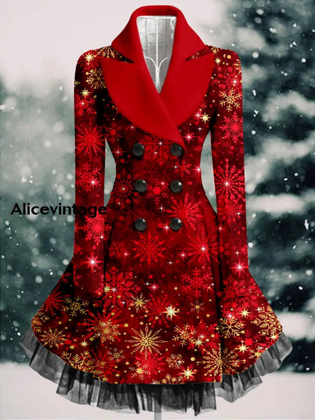 Christmas Snowflake Art Printed Elegant Lapel V-Neck Button Up Thick Long-Sleeved Mesh Gauze Midi