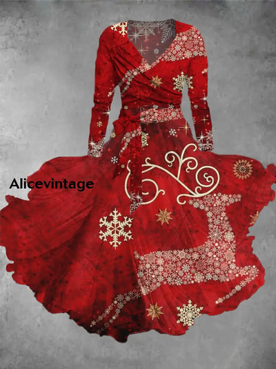 Christmas Snowflake Elk Art Print Vintage V-Neck Long Sleeve Two-Piece Midi Dress A / S