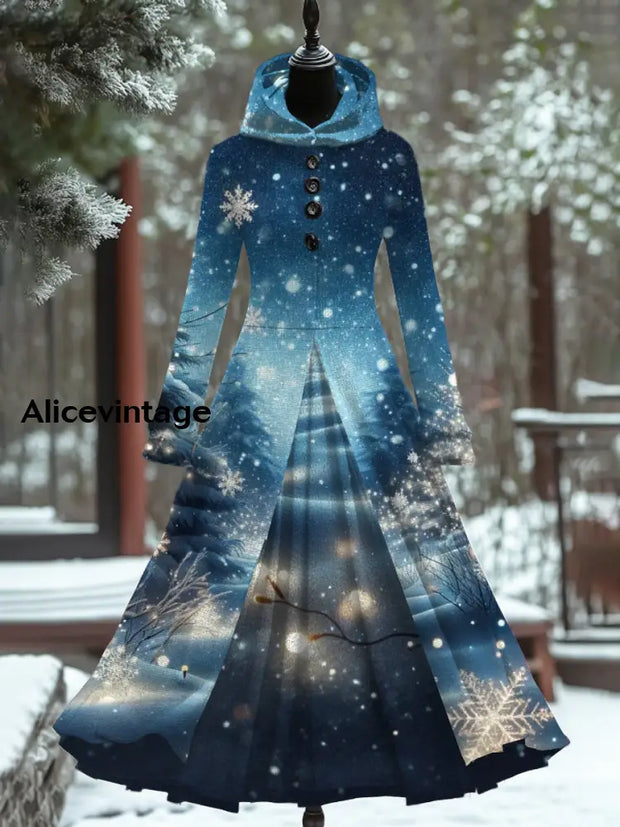 Christmas Snowflake Print Retro Elegant Long Sleeve Maxi Dress Fake Two-Piece A / S