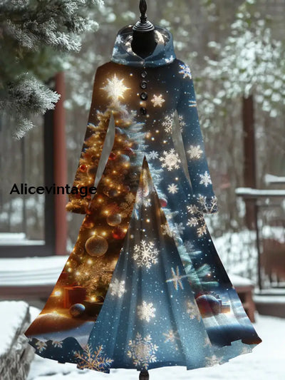 Christmas Snowflake Print Retro Elegant Long Sleeve Maxi Dress Fake Two-Piece A / S