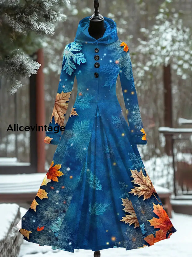 Christmas Snowflake Print Retro Elegant Long Sleeve Maxi Dress Fake Two-Piece A / S