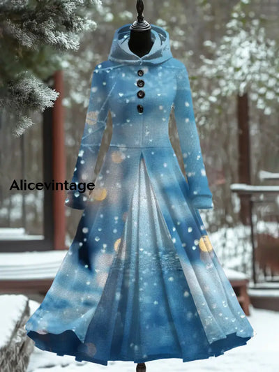 Christmas Snowflake Print Retro Elegant Long-Sleeved Long Dress Fake Two-Piece A / S