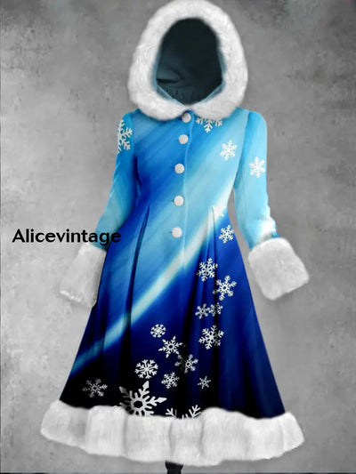 Christmas Snowflake Art Printed Elegance Furry Cuff Thick Long-Sleeved Fur Hooded Coat Midi Dress