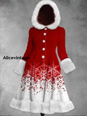 Christmas Snowflake Print Vintage Elegant Long Sleeve Fur Hooded Coat Dress