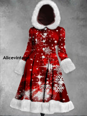 Christmas Snowflake Art Printed Elegance Furry Cuff Thick Long-Sleeved Fur Hooded Coat Midi Dress