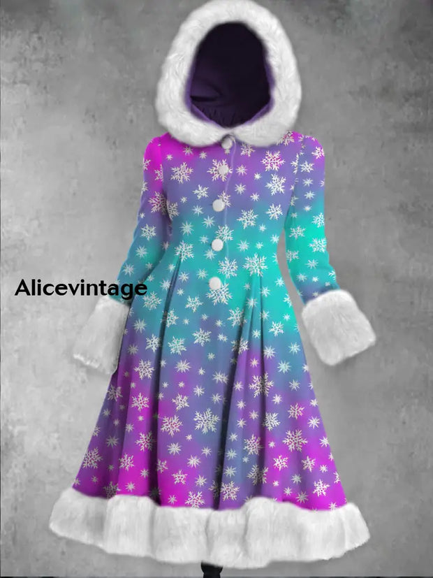 Christmas Snowflake Art Printed Elegance Furry Cuff Thick Long-Sleeved Fur Hooded Coat Midi Dress