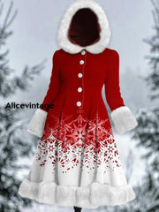 Christmas Snowflake Print Vintage Elegant Long Sleeve Fur Hooded Coat Dress A / S