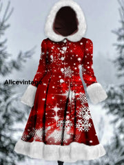 Christmas Snowflake Art Printed Elegance Furry Cuff Thick Long-Sleeved Fur Hooded Coat Midi Dress A