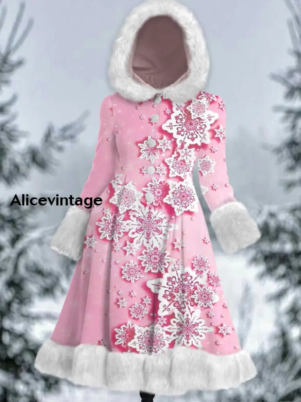 Christmas Snowflake Art Printed Elegance Furry Cuff Thick Long-Sleeved Fur Hooded Coat Midi Dress A