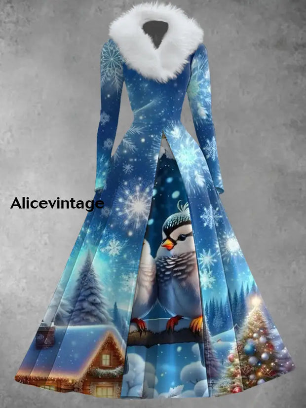 Christmas Snowflake Print Vintage Elegant Long Sleeve Maxi Dress Fake Two-Piece A / S