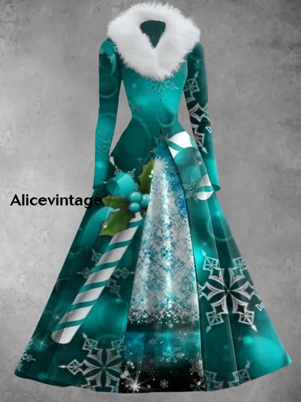 Christmas Snowflake Print Vintage Elegant Long Sleeve Maxi Dress Fake Two-Piece A / S