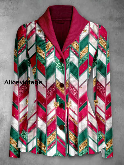 Christmas Snowflakes Printed Elegant Lapel V-Neck Button Up Thick Knit Long-Sleeved Cardigan