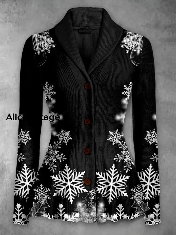 Christmas Snowflakes Printed Elegant Lapel V-Neck Button Up Thick Knit Long-Sleeved Cardigan